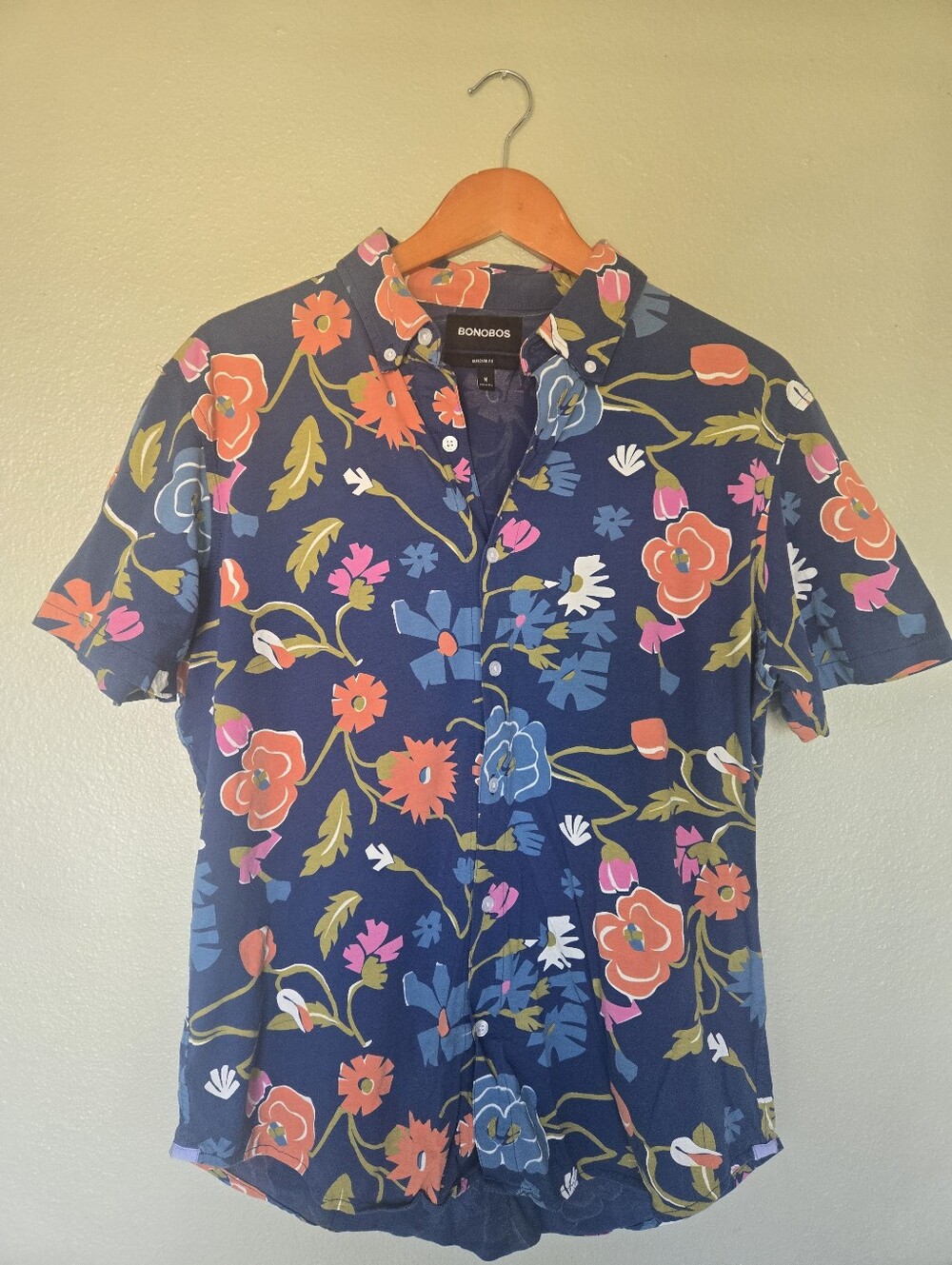 Bonobos Navy Short-Sleeve Floral Button-Down, Med, Casual, Preppy, Cotton, Golf - Picture 2 of 5
